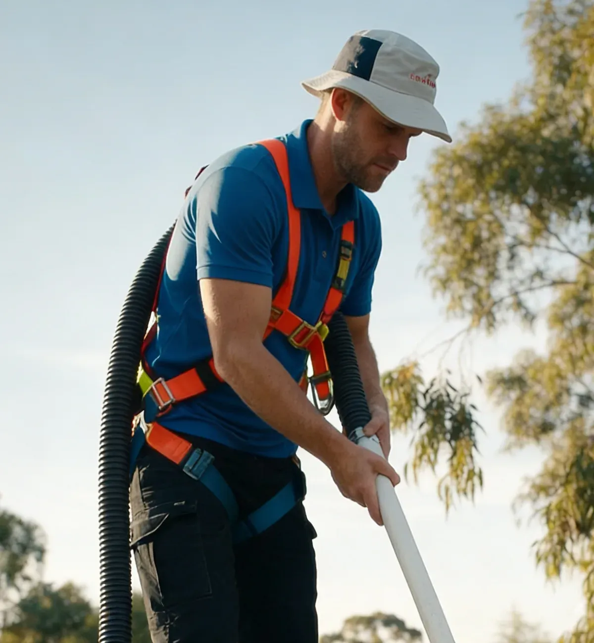 A Logiclean technician in a safety harness vacuuming leaves from a rooftop gutter, working safely at height.